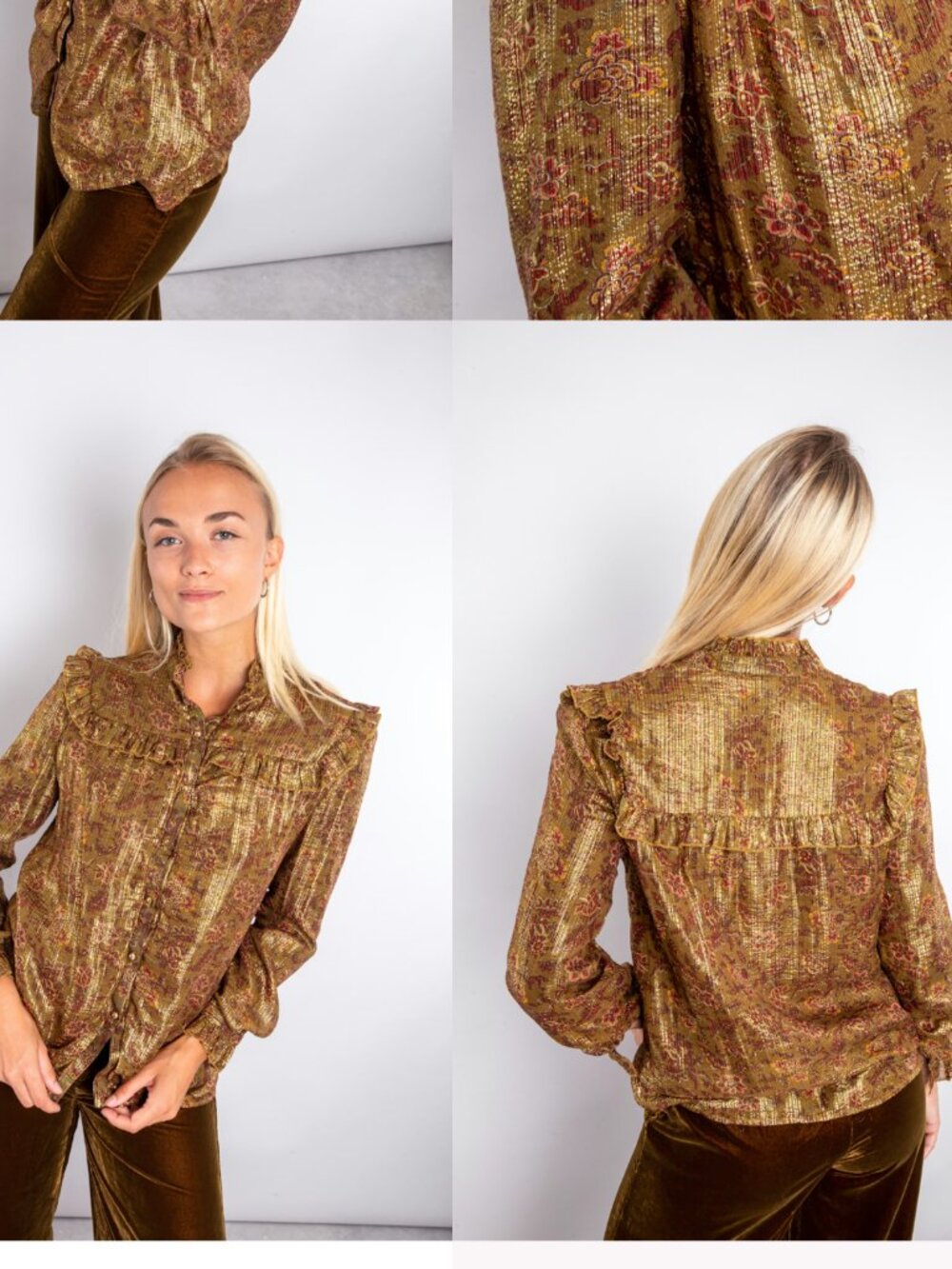Louise Misha Metallic Olive Gold Floral Ruffle Button-Down Blouse - Picture 2 of 5